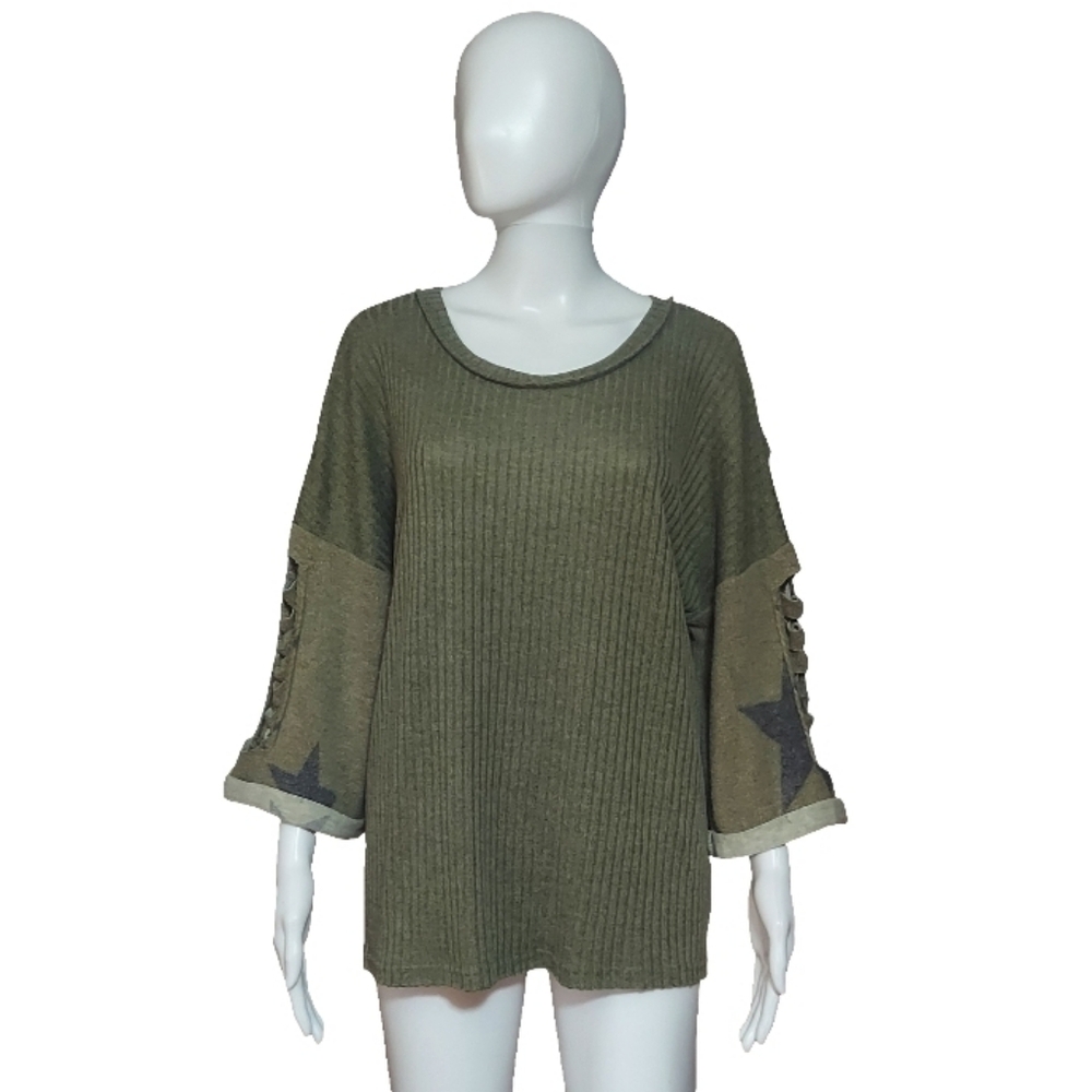 Miss Me Exposed Seam Pieced Top In Olive Green